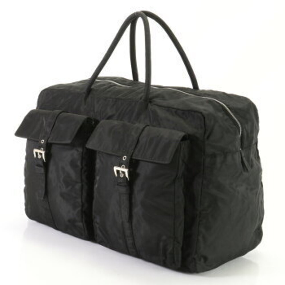Prada business Boston leather black tote travel Tessuto trip bag trunk